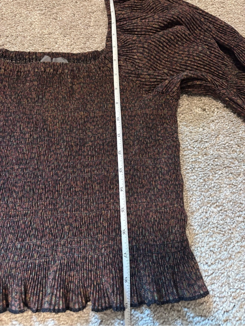 Anthropologie Brown Shimmer Smocked Puff Sleeve Top Women’s Medium Whimsigoth - Picture 9 of 10